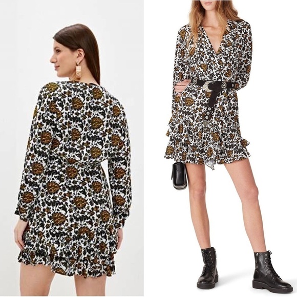 SANDRO Floral Print Long Sleeve V-Neck Faux Wrap Tiered Ruffle Mini Dress 6 - Picture 8 of 16